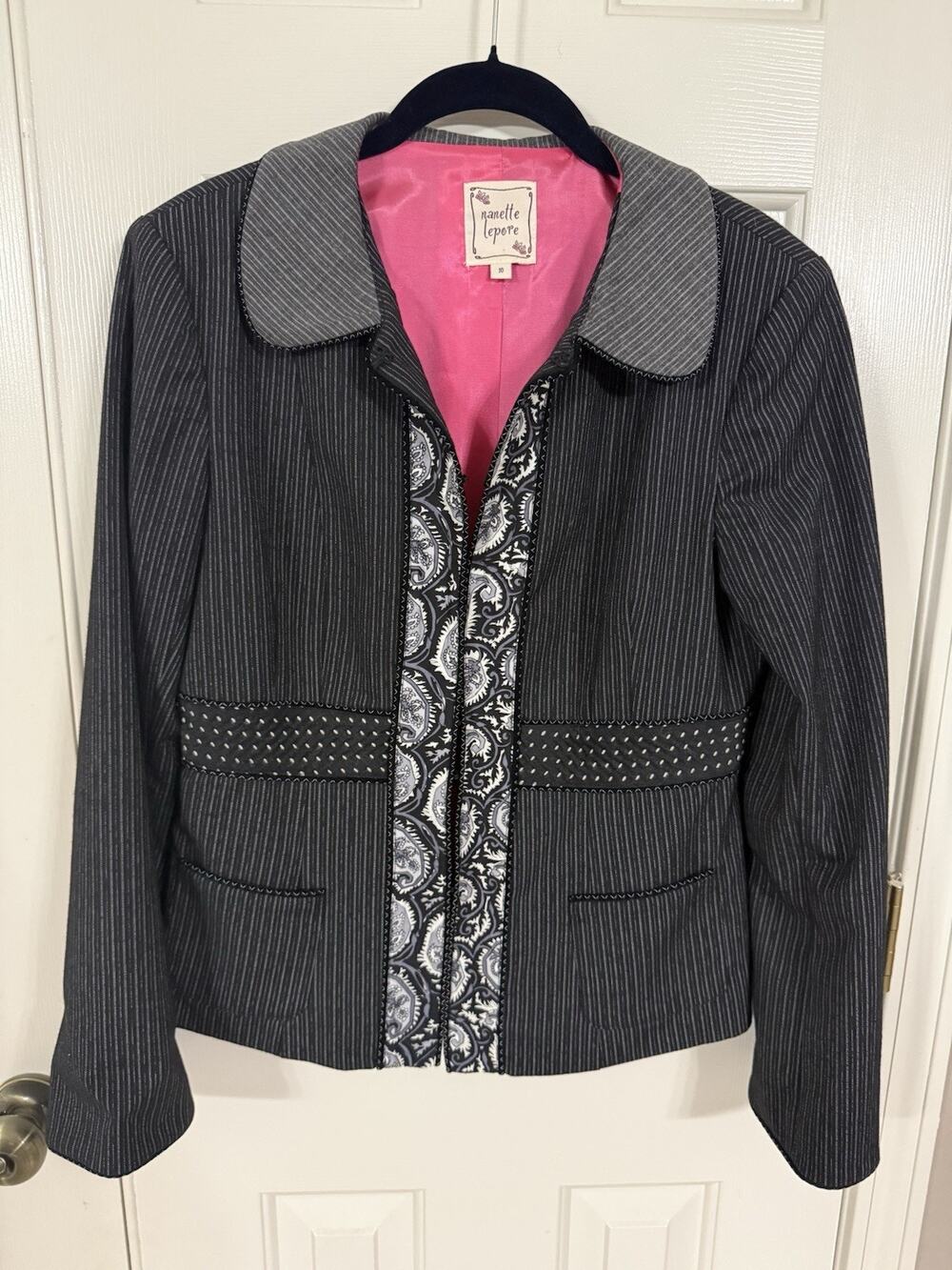 Nanette Lepore Vintage Y2K Blazer Charcoal Pinstripe Paisley Polka Dot 10